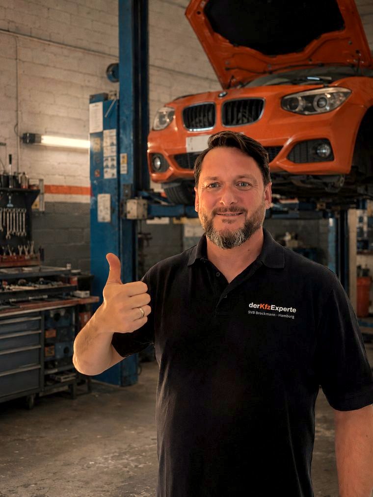 Stefan Brockmann, unabh&auml;ngiger Kfz-Sachverst&auml;ndiger aus Hamburg, in der Werkstatt vor einem Fahrzeug auf der Hebeb&uuml;hne